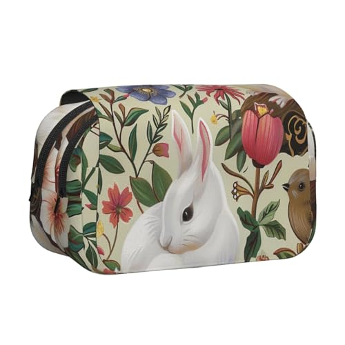 YKLJG Lavender Fields Print Flip Top Pencil Case Pen Organizer with 2 Zipper Compartments, Large Capacity Makeup Bags for School, Travel & Office, Blumen Hase Vögel, Einheitsgröße, Schulranzen von YKLJG