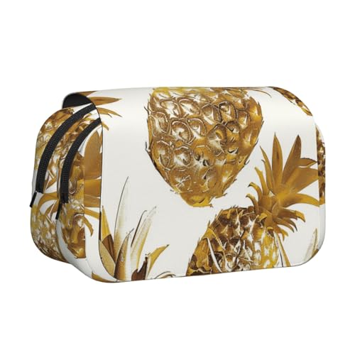 YKLJG Lavender Fields Print Flip Top Pencil Case Pen Organizer with 2 Zipper Compartments, Large Capacity Makeup Bags for School, Travel & Office, Goldene Ananas-Hintergrund, Einheitsgröße von YKLJG