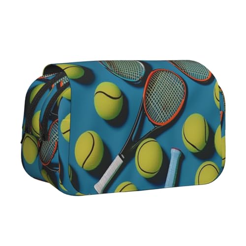 YKLJG Lavender Fields Print Flip Top Pencil Case Pen Organizer with 2 Zipper Compartments, Large Capacity Makeup Bags for School, Travel & Office, Lustige Tennisschläger und Tennisbälle von YKLJG