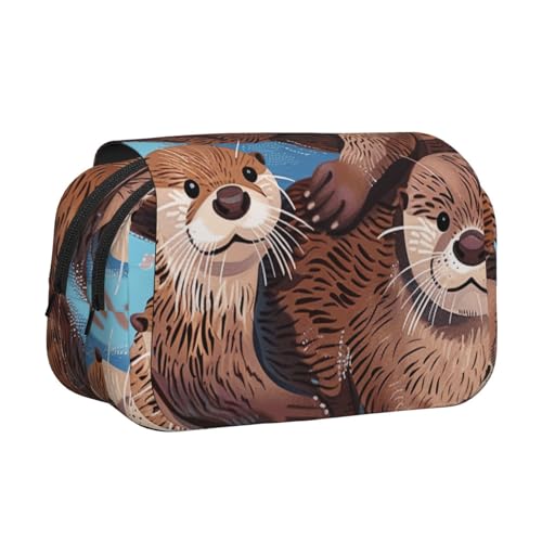 YKLJG Schönes Federmäppchen mit Pfauenblumen-Druck, Flip-Top, Stift-Organizer mit 2 Reißverschlussfächern, große Kapazität, Make-up-Taschen für Schule, Reisen und Büro, Niedliche braune Otter von YKLJG