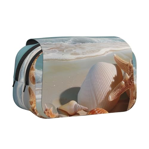 YKLJG Tiger Stripe Print Flip-Top Federmäppchen Stift-Organizer mit 2 Reißverschlussfächern Große Kapazität Make-up-Taschen für Schule, Reisen & Büro, Muscheln am Strand, Einheitsgröße, Schulranzen von YKLJG