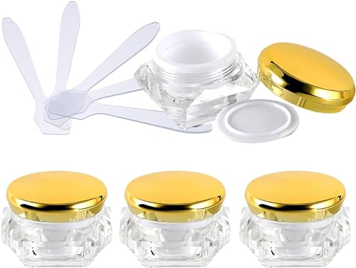 YKMYXZ, 4 Stück, leerer 10 ml transparenter Acryl-Kosmetikbehälter in Diamantform, Gesichtscreme-Lotion-Gläser, Topf mit rosa Deckel + 4 x Löffel von YKMYXZ