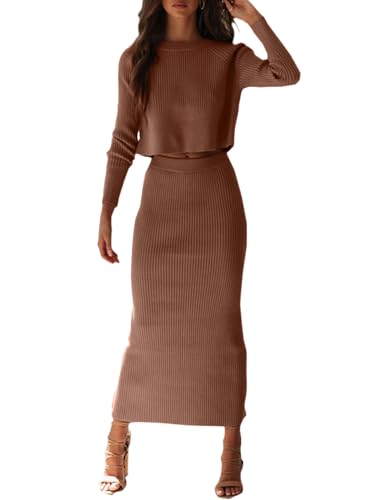 YKR Damen 2-teiliges Pulloverkleid Rock Sets Rippstrick Maxi Bodycon Crop Top Winter Outfits für Frauen, Braun, XL von YKR