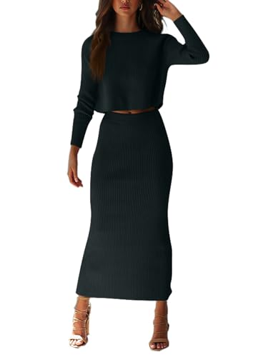 YKR Damen 2-teiliges Pulloverkleid Rock Sets Rippstrick Maxi Bodycon Crop Top Winter Outfits für Frauen, Schwarz, XL von YKR