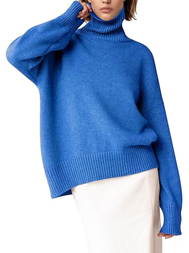 YKR Damen Rollkragenpullover Grob Langarm Strickpullover Hoher Niedriger Saum Trendy 2025 Herbst Winter Basic Pullover Top, Blau, X-Groß von YKR