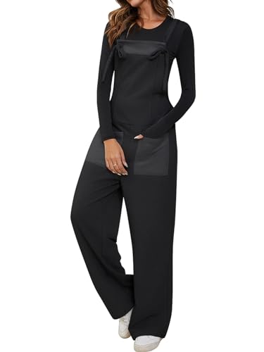 YKR Lässiger Damen-Overall, lange Trägerhose, weites Bein, Overall, verstellbare Träger, Baumwollpullover mit Taschen, Schwarze Overalls, Medium von YKR