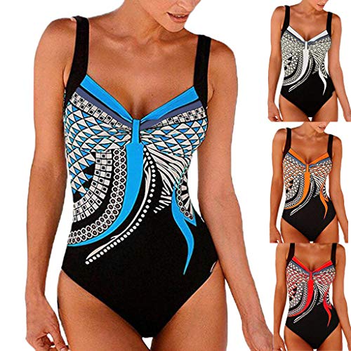 YKTWOBO Badeanzug Damen Bauchweg Push Up V-Ausschnitt Retro Blumendruck High Waist Einteilige Strandmode Swimsuit Spaghettiträger Sexy Backless Bandeau Top Bikini Blau L von YKTWOBO