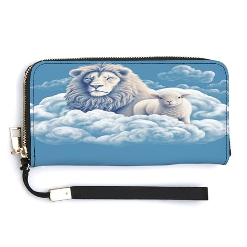 YKUDBN Geldbörse aus PU-Leder, Lamm mit Löwe auf den Wolken, großes Fassungsvermögen, lange Geldbörse für Damen, Handheld-Clutch, moderne Damengeldbörse, Stil, 20 x 10,5 cm, modern, Stil:, von YKUDBN