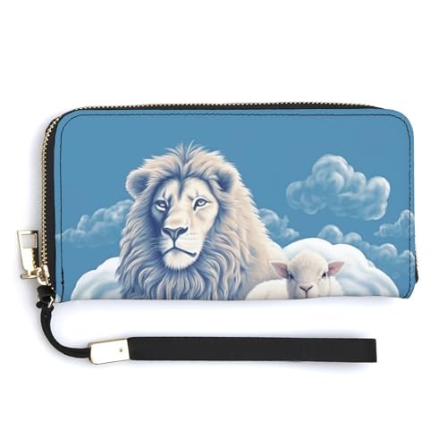 YKUDBN Geldbörse aus PU-Leder, Lamm mit Löwe auf den Wolken, großes Fassungsvermögen, lange Geldbörse für Damen, Handheld-Clutch, moderne Damengeldbörse, Stil, 20 x 10,5 cm, modern, Stil:, von YKUDBN