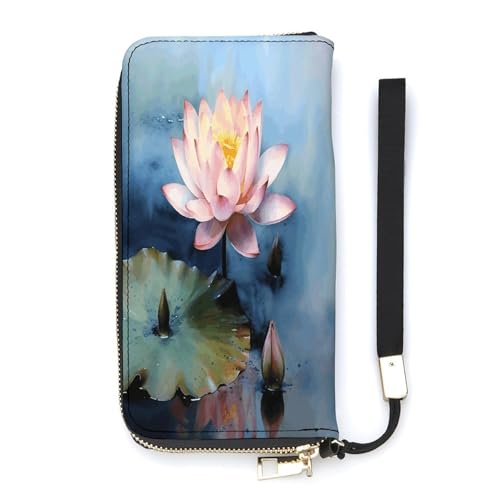 YKUDBN Geldbörse aus PU-Leder, Lotusblumen-Motiv, großes Fassungsvermögen, lange Geldbörse für Damen, Handheld-Clutch, moderne Damengeldbörse, Stil, 20 x 10,5 cm, modern, Stil:, 20x10.5cm, Modern von YKUDBN