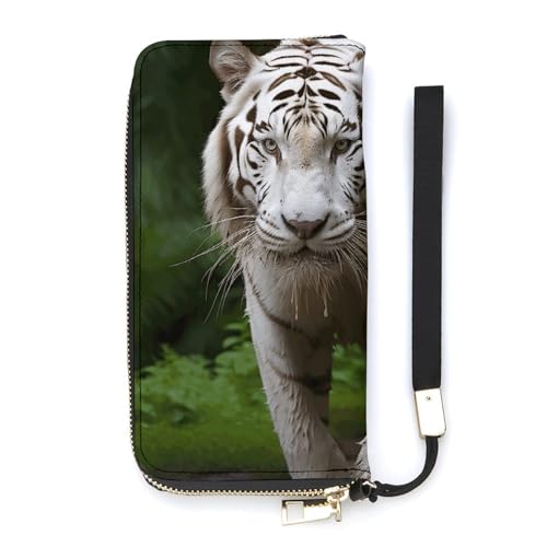 YKUDBN Geldbörse aus PU-Leder, Majestätischer weißer Bengalischer Tiger-Druck, großes Fassungsvermögen, lange Geldbörse für Frauen, Handheld-Clutch, moderne Damengeldbörse, Stil, 20 x 10,5 cm, modern, von YKUDBN