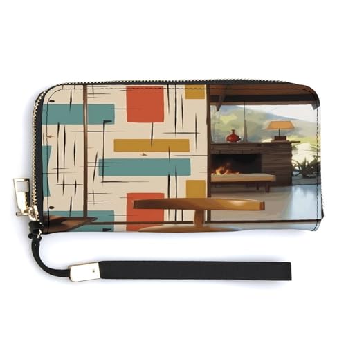 YKUDBN Geldbörse aus PU-Leder, Mitte des Jahrhunderts, moderner Druck, großes Fassungsvermögen, lange Geldbörse für Damen, Handheld-Clutch, moderne Damengeldbörse, Stil, 20 x 10,5 cm, modern, Stil:, von YKUDBN