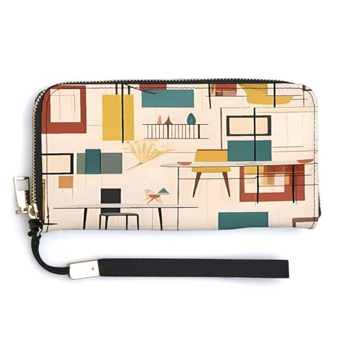 YKUDBN Geldbörse aus PU-Leder, Mitte des Jahrhunderts, moderner Druck, großes Fassungsvermögen, lange Geldbörse für Damen, Handheld-Clutch, moderne Damengeldbörse, Stil, 20 x 10,5 cm, modern, Stil:, von YKUDBN