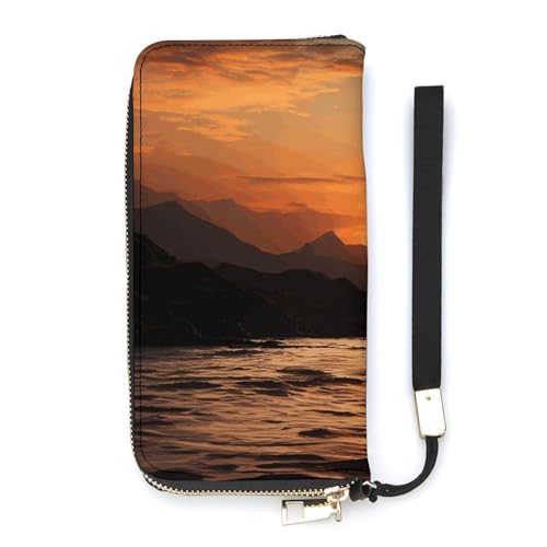 YKUDBN Geldbörse aus PU-Leder, Motiv: Berge und Wasser bei Sonnenuntergang, großes Fassungsvermögen, lange Geldbörse für Damen, Handheld-Clutch, moderne Damengeldbörse, Stil, 20 x 10,5 cm, modern, von YKUDBN