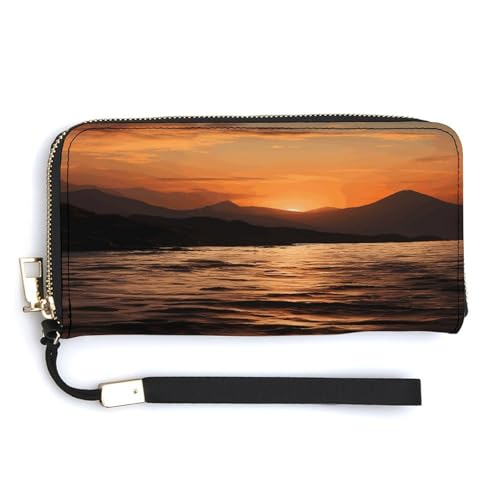 YKUDBN Geldbörse aus PU-Leder, Motiv: Berge und Wasser bei Sonnenuntergang, großes Fassungsvermögen, lange Geldbörse für Damen, Handheld-Clutch, moderne Damengeldbörse, Stil, 20 x 10,5 cm, modern, von YKUDBN