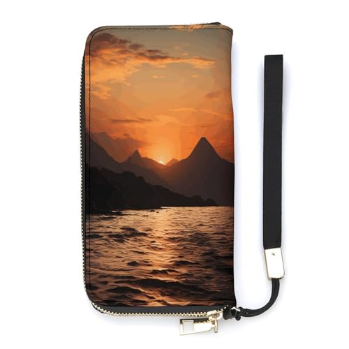 YKUDBN Geldbörse aus PU-Leder, Motiv: Berge und Wasser bei Sonnenuntergang, großes Fassungsvermögen, lange Geldbörse für Damen, Handheld-Clutch, moderne Damengeldbörse, Stil, 20 x 10,5 cm, modern, von YKUDBN