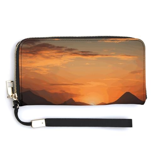 YKUDBN Geldbörse aus PU-Leder, Motiv: Berge und Wasser bei Sonnenuntergang, großes Fassungsvermögen, lange Geldbörse für Damen, Handheld-Clutch, moderne Damengeldbörse, Stil, 20 x 10,5 cm, modern, von YKUDBN