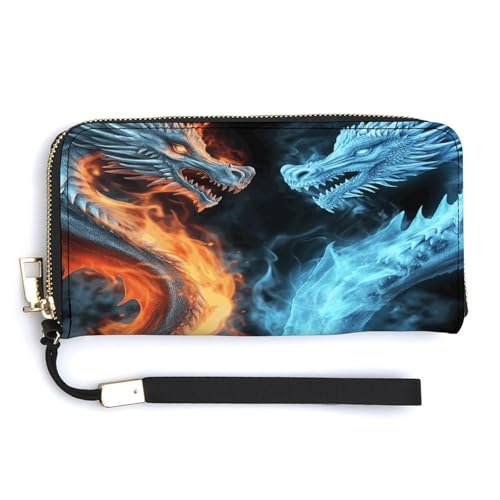 YKUDBN Geldbörse aus PU-Leder, Motiv: Eis- und Feuer-Drachen, großes Fassungsvermögen, lange Geldbörse für Damen, Handheld-Clutch, moderne Damengeldbörse, Stil, 20 x 10,5 cm, modern, Stil:, von YKUDBN
