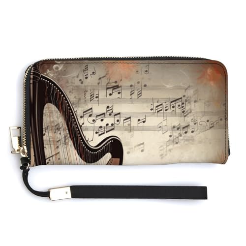 YKUDBN Geldbörse aus PU-Leder, Musik-Hintergrund mit Harfe und Schmetterling, großes Fassungsvermögen, lange Geldbörse für Damen, Handheld-Clutch, moderne Damengeldbörse, Stil, 20 x 10,5 cm, modern, von YKUDBN
