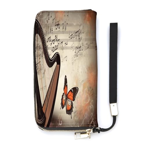 YKUDBN Geldbörse aus PU-Leder, Musik-Hintergrund mit Harfe und Schmetterling, großes Fassungsvermögen, lange Geldbörse für Damen, Handheld-Clutch, moderne Damengeldbörse, Stil, 20 x 10,5 cm, modern, von YKUDBN