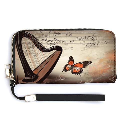 YKUDBN Geldbörse aus PU-Leder, Musik-Hintergrund mit Harfe und Schmetterling, großes Fassungsvermögen, lange Geldbörse für Damen, Handheld-Clutch, moderne Damengeldbörse, Stil, 20 x 10,5 cm, modern, von YKUDBN
