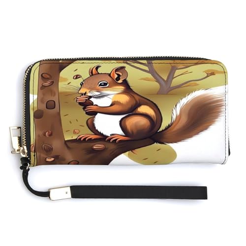 YKUDBN Geldbörse aus PU-Leder, Nussfressender Eichhörnchen-Druck, großes Fassungsvermögen, lange Geldbörse für Frauen, Handheld-Clutch, moderne Damengeldbörse, Stil, 20 x 10,5 cm, modern, Stil:, von YKUDBN