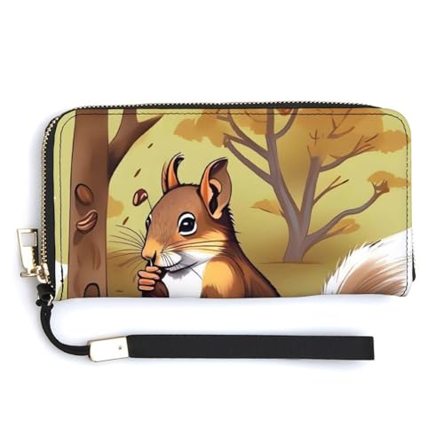 YKUDBN Geldbörse aus PU-Leder, Nussfressender Eichhörnchen-Druck, großes Fassungsvermögen, lange Geldbörse für Frauen, Handheld-Clutch, moderne Damengeldbörse, Stil, 20 x 10,5 cm, modern, Stil:, von YKUDBN