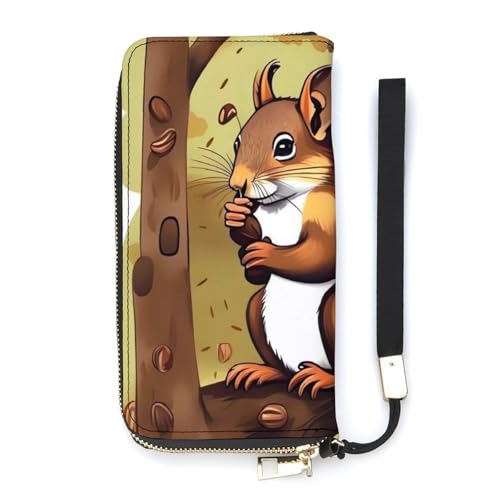 YKUDBN Geldbörse aus PU-Leder, Nussfressendes Eichhörnchen-Druck, große Kapazität, lange Geldbörse für Damen, Handheld-Clutch, moderne Damengeldbörse, Stil, 20 x 10,5 cm, modern, Stil:, 20x10.5cm, von YKUDBN