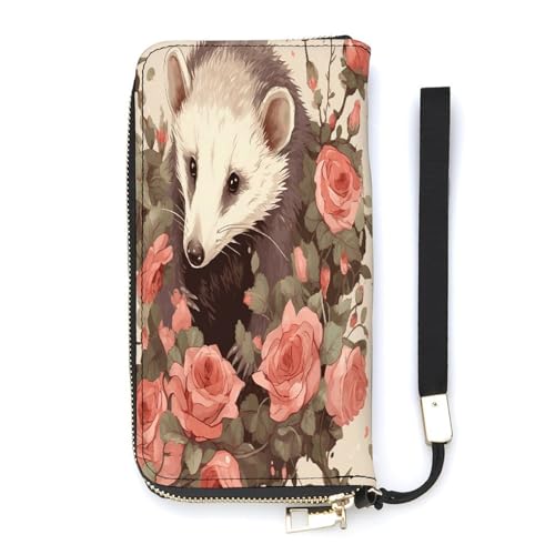 YKUDBN Geldbörse aus PU-Leder, Opossum und Rosen, großes Fassungsvermögen, lange Geldbörse für Damen, Handheld-Clutch, moderne Damengeldbörse, Stil, 20 x 10,5 cm, modern, Stil:, 20x10.5cm, Modern von YKUDBN