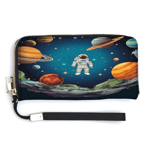 YKUDBN Geldbörse aus PU-Leder, Weltraum, Raketen-Astronauten-Druck, großes Fassungsvermögen, lange Geldbörse für Frauen, Handheld-Clutch, moderne Damengeldbörse, Stil, 20 x 10,5 cm, modern, Stil:, von YKUDBN