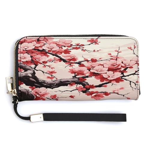YKUDBN Geldbörse aus PU-Leder, japanisches Blumenmuster, Kirschblüten-Druck, großes Fassungsvermögen, lange Geldbörse für Damen, Handheld-Clutch, moderne Damengeldbörse, Stil, 20 x 10,5 cm, modern, von YKUDBN
