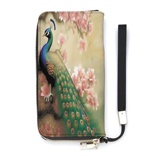 YKUDBN Geldbörse aus PU-Leder, orientalischer Pfau auf Blumenbaum-Druck, großes Fassungsvermögen, lange Geldbörse für Damen, Handheld-Clutch, moderne Damengeldbörse, Stil, 20 x 10,5 cm, modern, Stil:, von YKUDBN