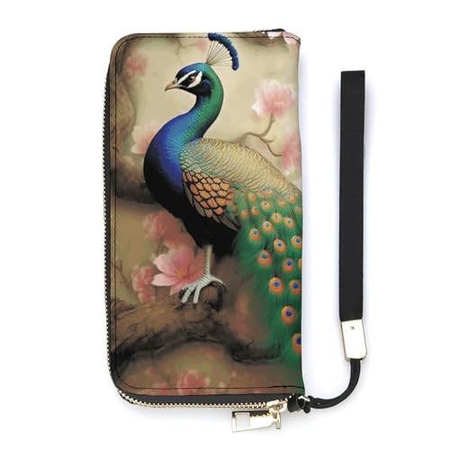 YKUDBN Geldbörse aus PU-Leder, orientalischer Pfau auf Blumenbaum-Druck, großes Fassungsvermögen, lange Geldbörse für Damen, Handheld-Clutch, moderne Damengeldbörse, Stil, 20 x 10,5 cm, modern, Stil:, von YKUDBN