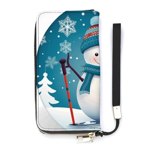 YKUDBN Geldbörse aus PU-Leder, schöne Weihnachts-Cartoon-Ski-Schneemann-Schneeflocken-Druck, große Kapazität, lange Geldbörse für Damen, Handheld-Clutch, moderne Damengeldbörse, Stil, 20 x 10,5 cm, von YKUDBN