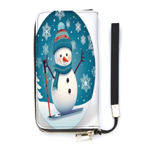 YKUDBN Geldbörse aus PU-Leder, schöne Weihnachts-Cartoon-Ski-Schneemann-Schneeflocken-Druck, große Kapazität, lange Geldbörse für Damen, Handheld-Clutch, moderne Damengeldbörse, Stil, 20 x 10,5 cm, von YKUDBN