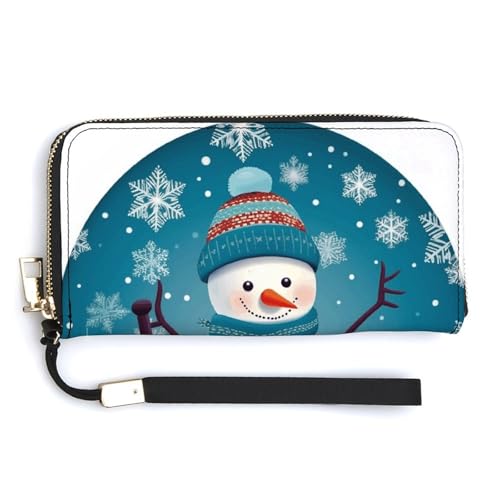 YKUDBN Geldbörse aus PU-Leder, schöne Weihnachts-Cartoon-Ski-Schneemann-Schneeflocken-Druck, großes Fassungsvermögen, lange Geldbörse für Damen, Handheld-Clutch, moderne Damengeldbörse, Stil, 20 x von YKUDBN