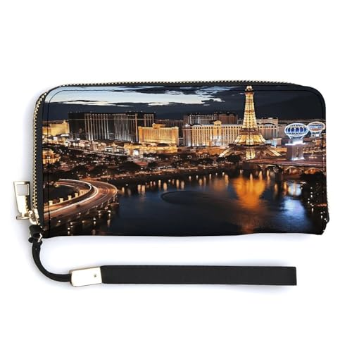 YKUDBN Las Vegas Geldbörse aus PU-Leder, Nachtansicht-Druck, großes Fassungsvermögen, lange Geldbörse für Damen, Handheld-Clutch, moderne Damengeldbörse, Stil, 20 x 10,5 cm, modern, Stil:, von YKUDBN
