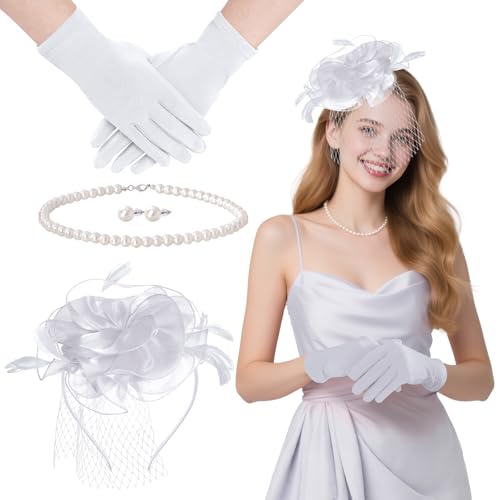 YKYUASD Fascinators Hut für Frauen mit Handschuhen und Ohrringen Set für Teepartys Hochzeit, Weiss/opulenter Garten, Einheitsgröße von YKYUASD