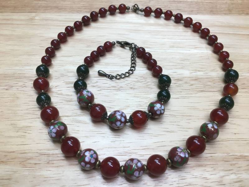 Karneol Nephrit Und Vintage Cloisonne Edelstein Perlen Armband Nickel Frei Halskette Set Mit Messing Antik. Geschenk Für Sie Karneol Nephrit Und Vintage Cloisonne Edelstein Perlen Armband Nickel Frei Halskette Set Mit Messing Antik. Geschenk Für Sie von YKartStudio