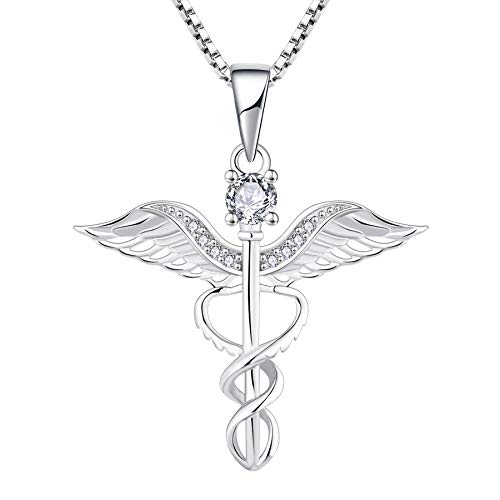 YL Krankenschwester Kette 925 Sterling Silber Schliff April Geburtsstein Weiß Zirkonia Engelsflügel Caduceus RN registrierte Anhänger pour Femme Infirmière von YL