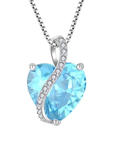 YL Damen Herz Halskette 925 Sterling Silber Anhänger März Geburtsstein Aquamarin Kette Schmuck Geschenke für Mutter ihre Frau Freundin von YL