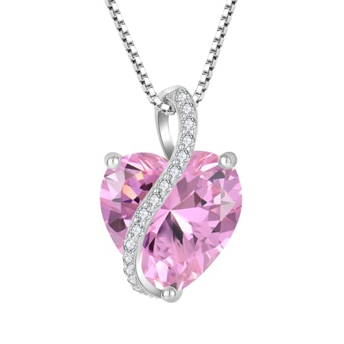 YL Damen Herz Halskette 925 Sterling Silber Anhänger Oktober Geburtsstein Turmaline Rosa Kette Schmuck Geschenke für Mutter ihre Frau Freundin von YL