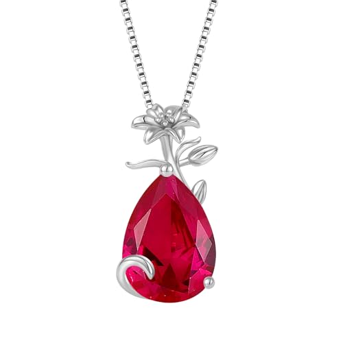 YL Damen Halskette 925 Sterling Silber Lilie Blume Anhänger Kette Juli Geburtsstein Rubin Halskette Birne Tropfen Schmuckgeschenke für Mutter Freundin von YL