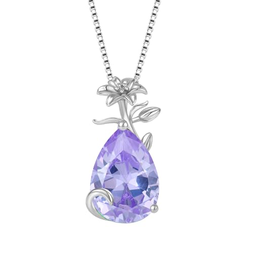 YL Damen Halskette 925 Sterling Silber Lilie Blume Anhänger Kette Juni Geburtsstein Alexandrite Halskette Birne Tropfen Schmuck Geschenke für Mutter Freundin von YL