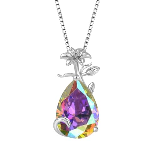 YL Damen Halskette 925 Sterling Silber Lilie Blume Anhänger Kette Regenbogen Zirkonia Weiß Halskette Birne Tropfen Schmuck Geschenke für Mutter Freundin von YL