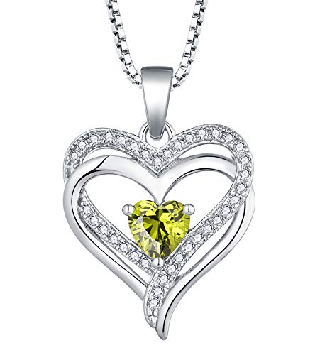 YL Damen Herz Halskette 925 Sterling Silber Anhänger August Geburtsstein Peridot Zirkonia Doppeltes Herz Kette Schmuck Geschenke für Mutter ihre Frau Freundin von YL