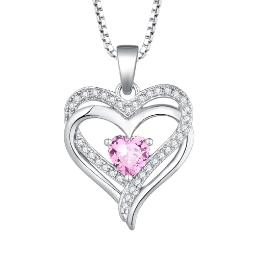 YL Damen Herz Halskette 925 Sterling Silber Anhänger Oktober Geburtsstein Turmaline Rosa Doppeltes Herz Kette Schmuck Geschenke für Mutter ihre Frau Freundin von YL