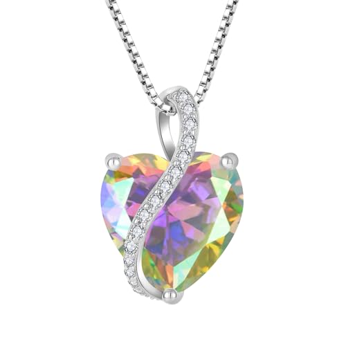 YL Damen Herz Halskette 925 Sterling Silber Anhänger Regenbogen Zirkonia Weiß Kette Schmuck Geschenke für Mutter ihre Frau Freundin von YL