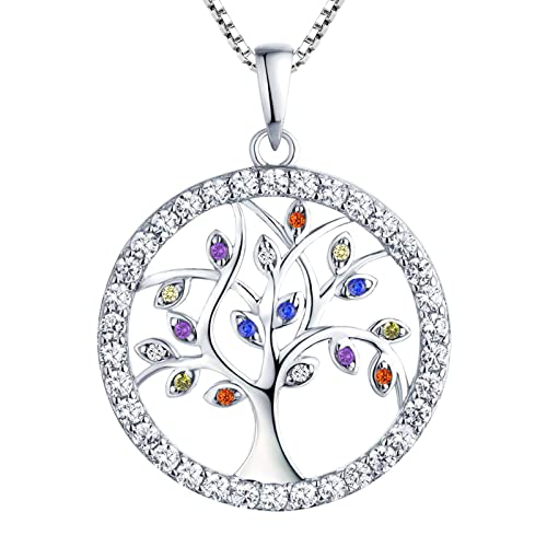 YL Damen Lebensbaum Anhänger mit Kette 925 Sterlingsilber Bunt Zirkonia Baum des Lebens Anhänger Halskette für Damen Mutter, Kettenlänge 45-48 CM von YL