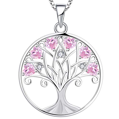 YL Damen Lebensbaum Kette 925 Sterling Silber geschnitten Herz Oktober Geburtsstein Rosa Zirkonia Baum des Lebens Stammbaum Anhänger Halskette für Damen Frauen, 45 + 3CM von YL